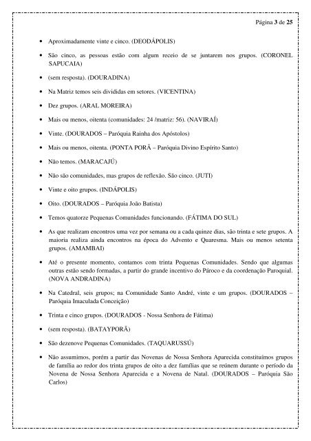 QUESTIONÁRIOS PARA ASSEMBLÉIA DIOCESANA DE PASTORAL