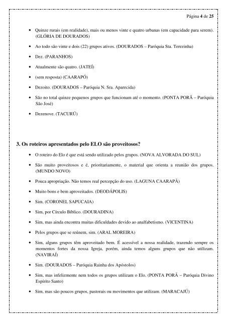 QUESTIONÁRIOS PARA ASSEMBLÉIA DIOCESANA DE PASTORAL