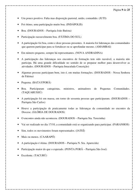 QUESTIONÁRIOS PARA ASSEMBLÉIA DIOCESANA DE PASTORAL