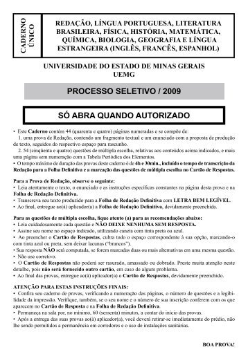 processo seletivo / 2009 só abra quando autorizado - Uemg