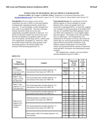 Extraction of Meteoritic Metals from Lunar Regolith - Lunar and ...