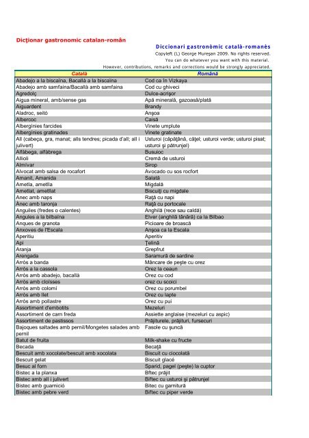 Dicţionar gastronomic catalan-român Diccionari ... - George Muresan