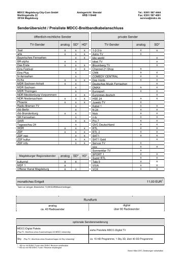 Senderübersicht / Preisliste MDCC-Breitbandkabelanschluss