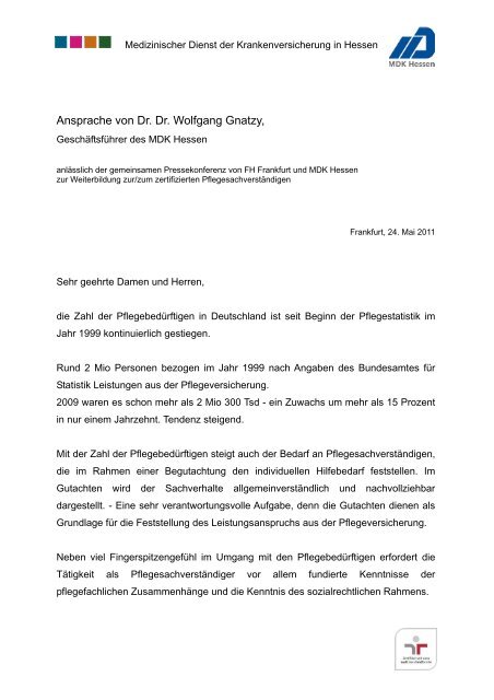 Ansprache von Dr. Dr. Wolfgang Gnatzy, - MDK-Hessen