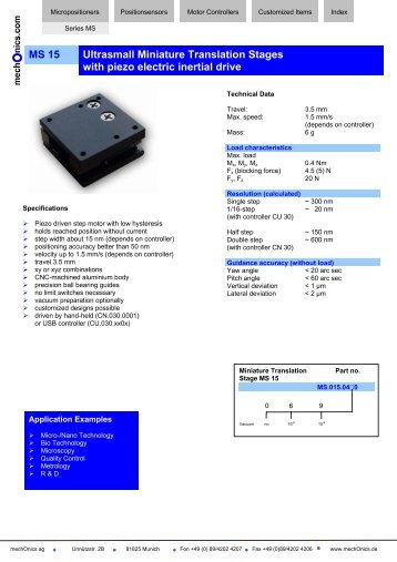 Ultrasmall miniature translation stage MS 15 PDF - mechOnics ag