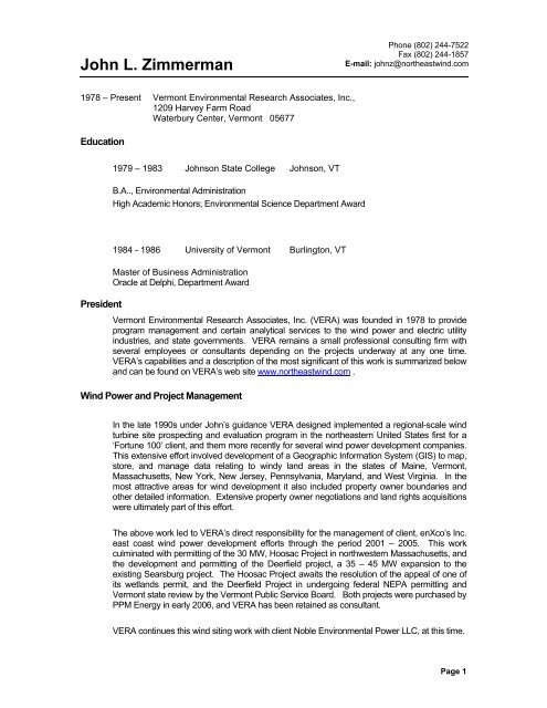 Zimmerman Resume - Vermont Public Service Board