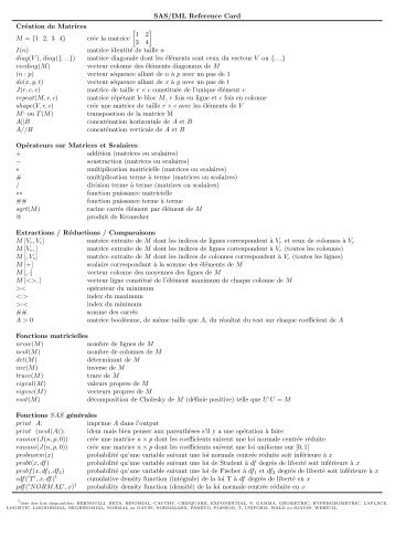 SAS/IML Reference Card Création de Matrices M = {1 2, 3 4 ... - Crest