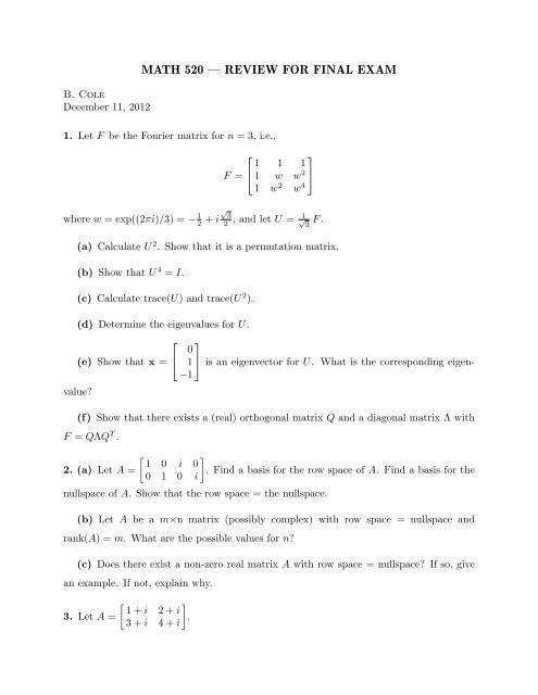 MATH 520 — REVIEW FOR FINAL EXAM