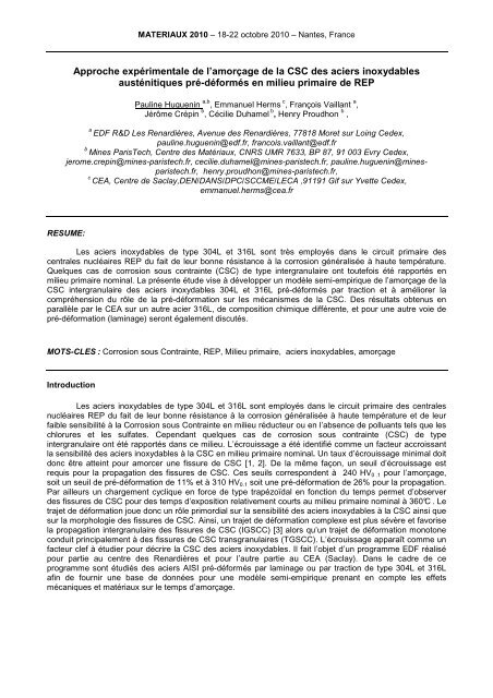 Approche expérimentale de l'amorçage de la CSC - MINES ParisTech