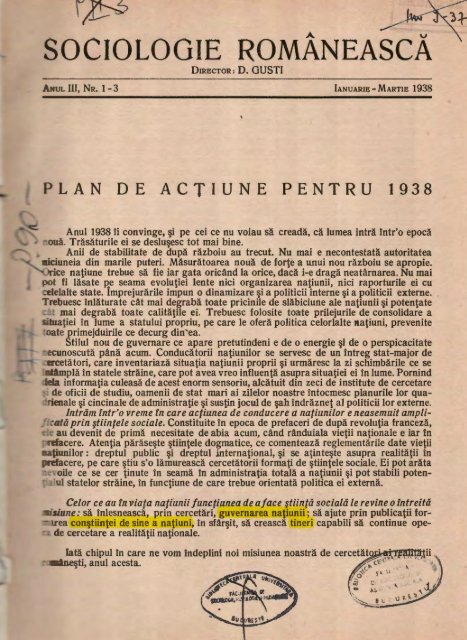 Plan de acțiune pentru 1938, Sociologie Românească, 1938, an III ...
