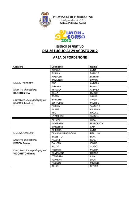 dal 26 luglio al 29 agosto 2012 area di pordenone - Provincia di ...