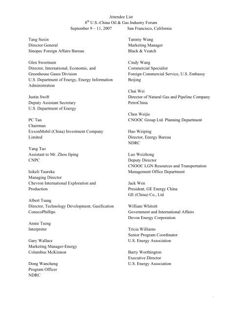 Attendee List in Word - The US-China Oil & Gas Industry Forum