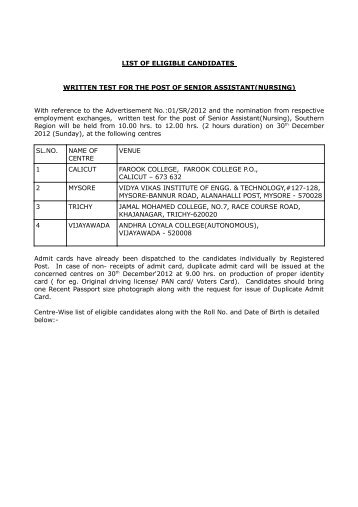 Written Test for the Post of Senior Assistant (Nursing)