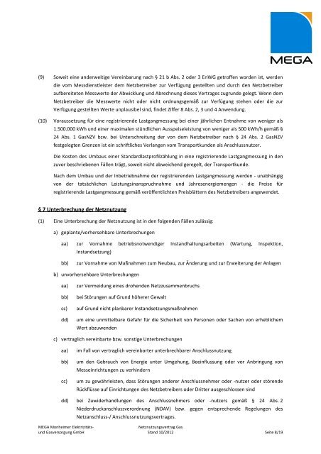 Netznutzungsvertrag Gas nach KoV V - MEGA Monheimer Elektrizitäts