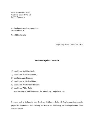 Beschwerdeschrift von Prof. Dr. Matthias Rossi - Mehr Demokratie eV