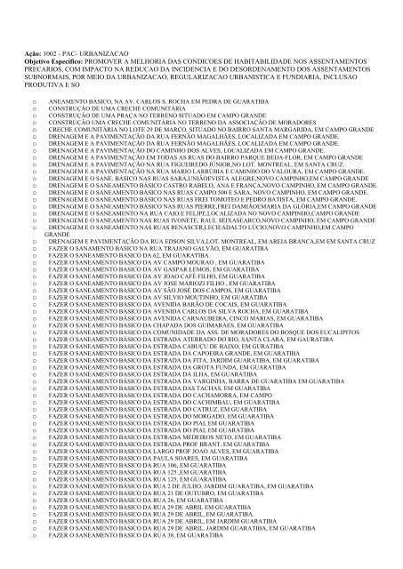 Ação: 1002 - PAC- URBANIZACAO Objetivo Específico ...