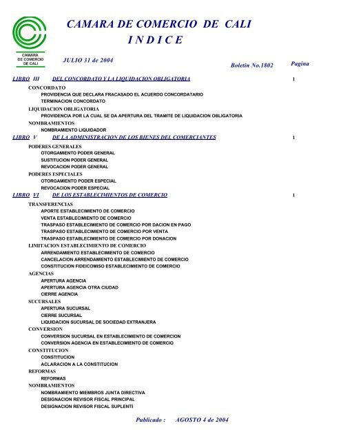 I N D I C E CAMARA DE COMERCIO DE CALI - Cámara de ...
