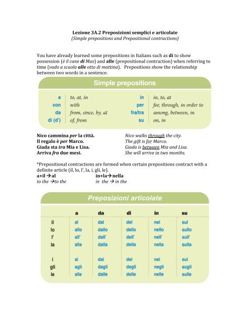 Lezione 3a 2 Preposizioni Semplici E Articolate Simple Prepositions