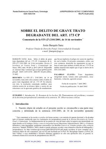 sobre el delito de grave trato degradante del art. 173 cp - Criminet ...