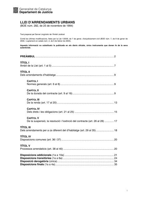 Llei d'arrendaments urbans - Inicia - Generalitat de Catalunya