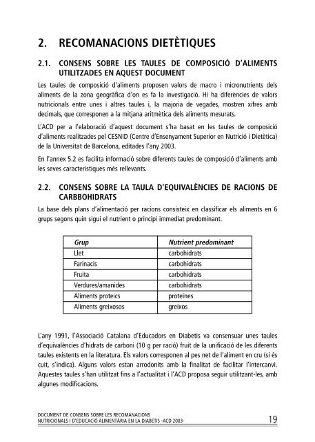 Document de consens sobre les recomanacions nutricionals i d ...