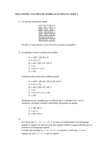 SOLUCIÓ DE L'EXAMEN DE TEORIA D'AUTÒMATS. TORN 2 1) La ...