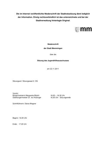 Die im Internet verÃ¶ffentlichte Niederschrift der ... - Stadt Memmingen