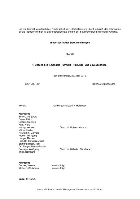 Niederschrift Sitzung vom 26.04.2012 - Stadt Memmingen