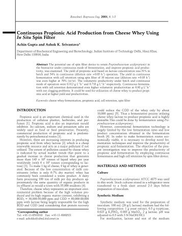 Continuous Propionic Acid Production from Cheese Whey Using In ...