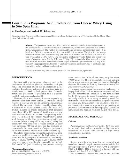 Continuous Propionic Acid Production from Cheese Whey Using In ...