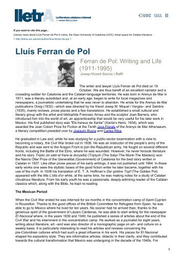 Lluís Ferran de Pol in lletrA, catalan literature online (PDF)