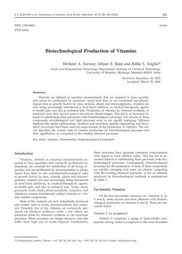 Biotechnological Production of Vitamins - Food Technology and ...