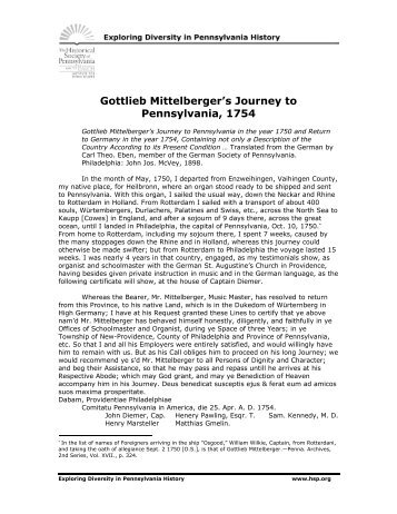 Gottlieb Mittelberger's Journey to Pennsylvania, 1754 - Historical ...