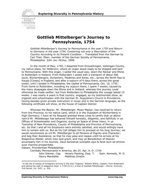Gottlieb Mittelberger's Journey to Pennsylvania, 1754 - Historical ...