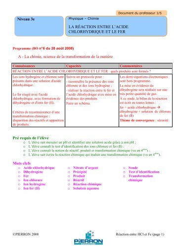 Réaction entre l'acide chlorhydrique et le fer _Doc ... - Pierron