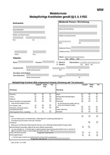 Meldeformular Meldepflichtige Krankheiten gemäß §§ 6, 8, 9 IfSG