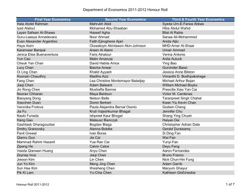 Department of Economics 2011-2012 Honour Roll