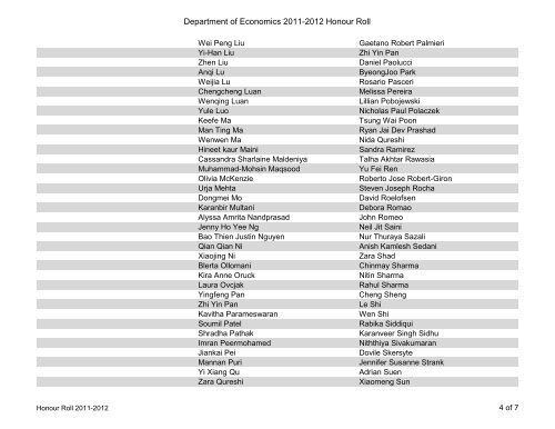 Department of Economics 2011-2012 Honour Roll