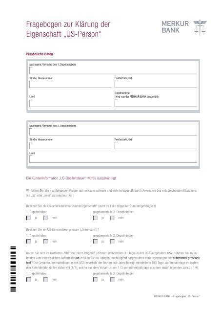 Fragebogen Zur Klarung Der Eigenschaft Us Person Merkur Bank