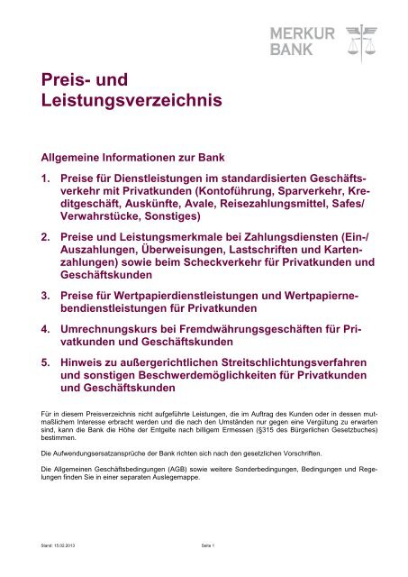 Preis Und Leistungsverzeichnis Merkur Bank Kgaa