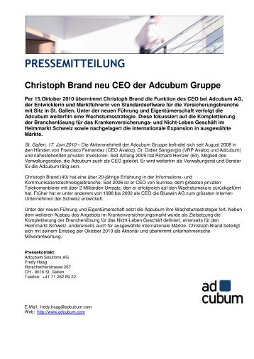 Christoph Brand neu CEO der Adcubum Gruppe