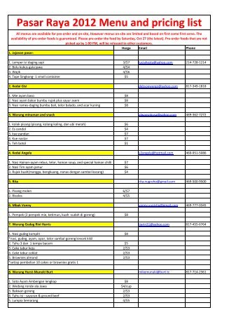 Pasar Raya 2012 Menu and pricing list