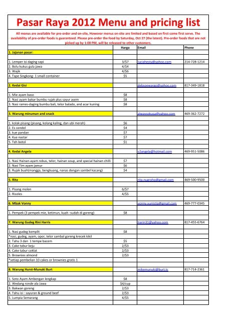 Pasar Raya 2012 Menu and pricing list