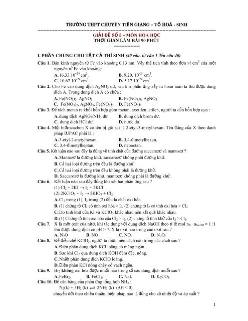 GIẢI ĐỀ SỐ 5 MÔN HÓA HỌC - Trường THPT Chuyên Tiền Giang
