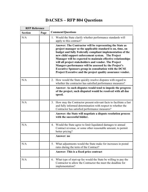 DACSES – RFP 804 Questions - Delaware Health and Social Services