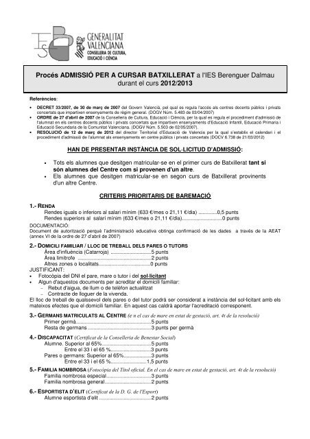 Procés ADMISSIÓ PER A CURSAR BATXILLERAT a l'IES ...