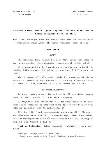 Anadolu Salvia'larının Uçucu Yağları Üzerinde Araştırmalar II. Salvia ...