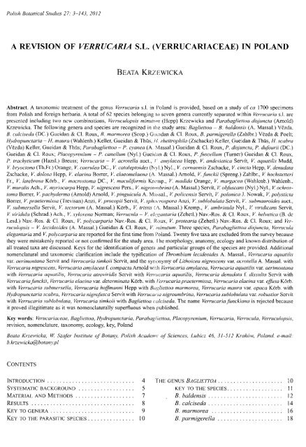 a revision of verrucaria sl (verrucariaceae) in poland