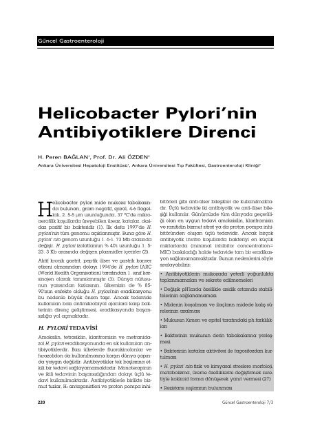 Helicobacter Pylori'nin Antibiyotiklere Direnci - Güncel Gastroenteroloji
