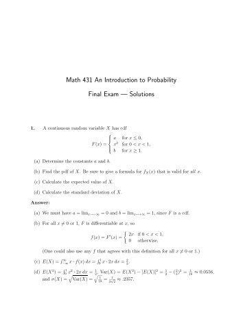 Math 431 An Introduction to Probability Final Exam — Solutions